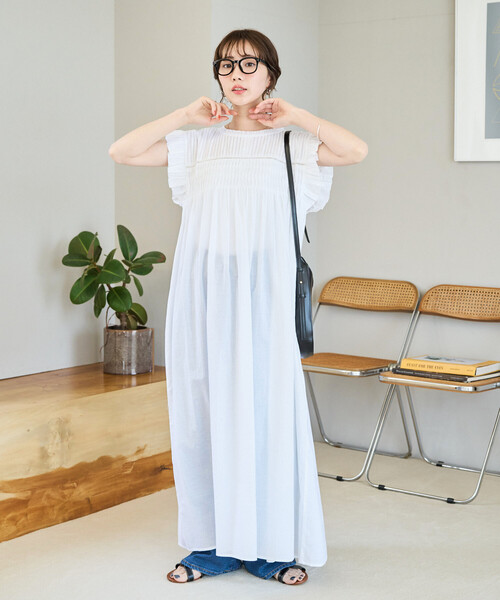 限定展開 インド ピンタック フリル ノースリーブ ワンピース