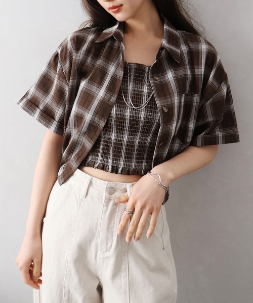 SpRay（スプレイ）の「チェックシャツクロップドアンサンブル（シャツ/ブラウス・レディース・ホワイト/ブラウン/ブラック・FREE）」の3枚目の写真