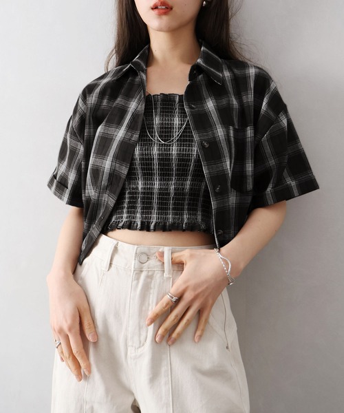 SpRay（スプレイ）の「チェックシャツクロップドアンサンブル（シャツ/ブラウス・レディース・ホワイト/ブラウン/ブラック・FREE）」の2枚目の写真