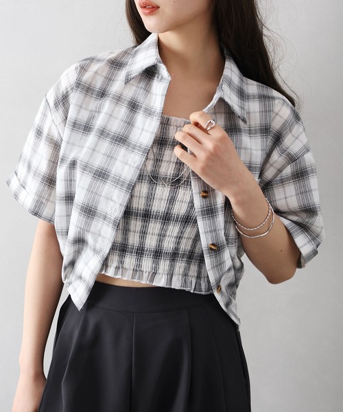 SpRay（スプレイ）の「チェックシャツクロップドアンサンブル（シャツ/ブラウス・レディース・ホワイト/ブラウン/ブラック・FREE）」の4枚目の写真