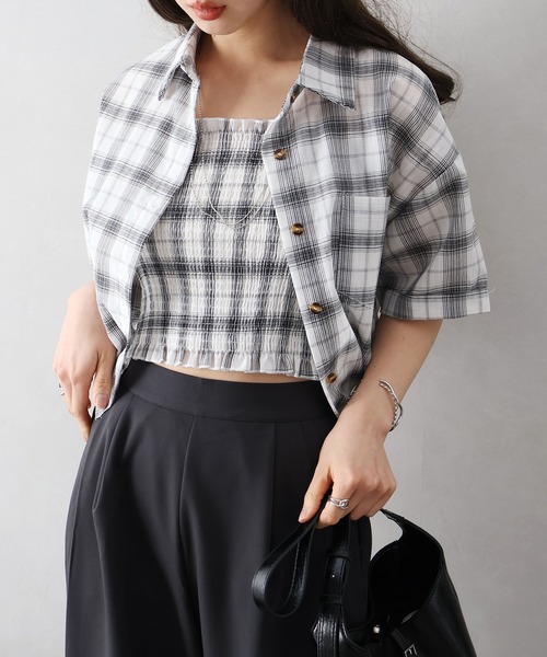 SpRay（スプレイ）の「チェックシャツクロップドアンサンブル（シャツ/ブラウス・レディース・ホワイト/ブラウン/ブラック・FREE）」の5枚目の写真