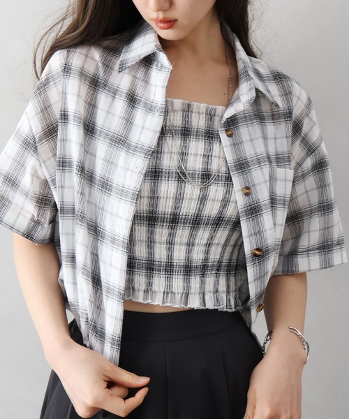 SpRay（スプレイ）の「チェックシャツクロップドアンサンブル（シャツ/ブラウス・レディース・ホワイト/ブラウン/ブラック・FREE）」の7枚目の写真