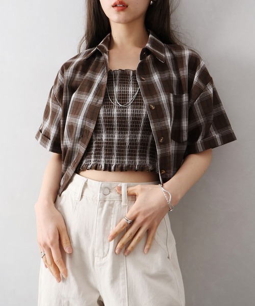 SpRay（スプレイ）の「チェックシャツクロップドアンサンブル（シャツ/ブラウス・レディース・ホワイト/ブラウン/ブラック・FREE）」の14枚目の写真