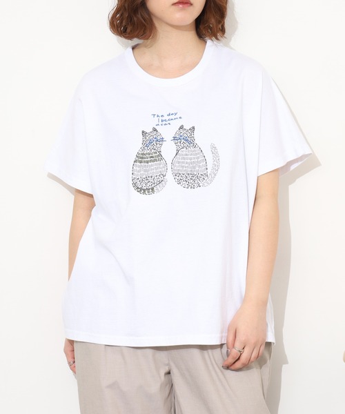 Emago(イマゴ)の「EMAGO 2匹のねこ刺繍T 半袖(Tシャツ/カットソー・レディース・ホワイト/オレンジ/ブラック・FREE)」の4枚目の写真