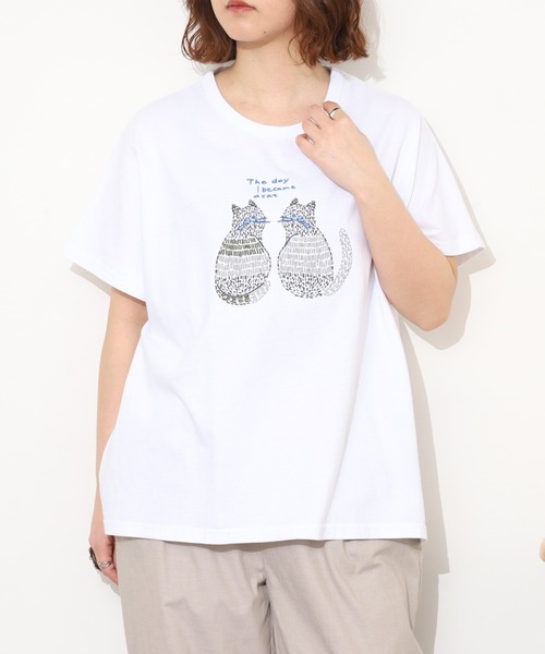 Emago(イマゴ)の「EMAGO 2匹のねこ刺繍T 半袖(Tシャツ/カットソー・レディース・ホワイト/オレンジ/ブラック・FREE)」の5枚目の写真