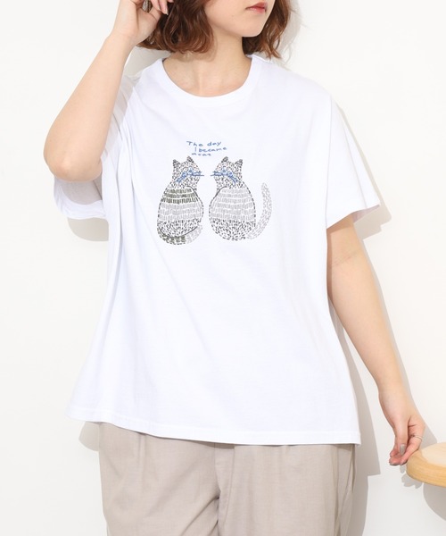 Emago(イマゴ)の「EMAGO 2匹のねこ刺繍T 半袖(Tシャツ/カットソー・レディース・ホワイト/オレンジ/ブラック・FREE)」の6枚目の写真