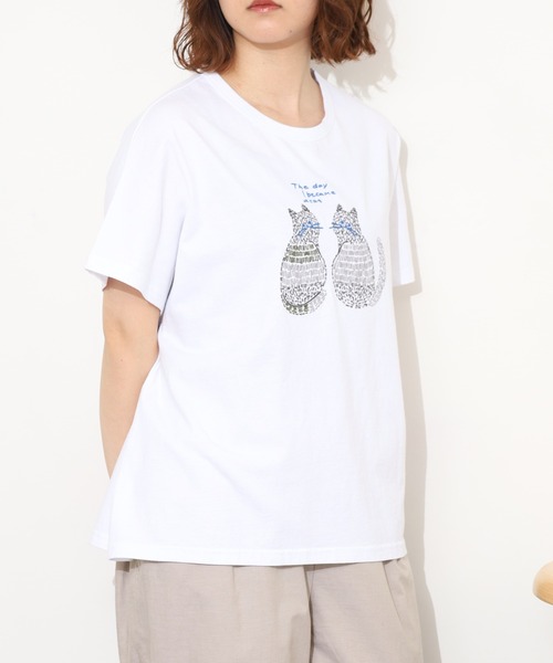 Emago(イマゴ)の「EMAGO 2匹のねこ刺繍T 半袖(Tシャツ/カットソー・レディース・ホワイト/オレンジ/ブラック・FREE)」の7枚目の写真