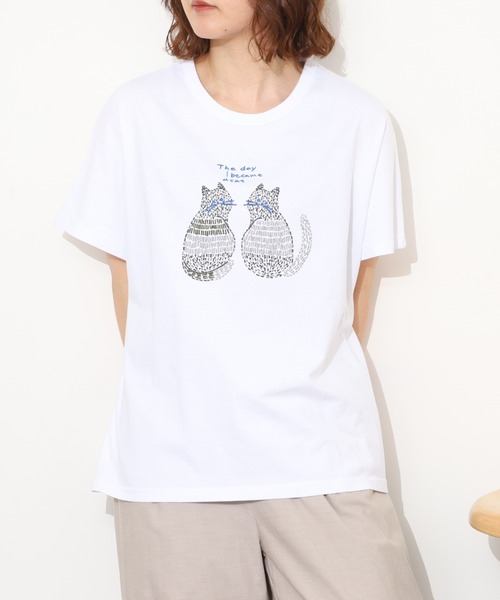 Emago(イマゴ)の「EMAGO 2匹のねこ刺繍T 半袖(Tシャツ/カットソー・レディース・ホワイト/オレンジ/ブラック・FREE)」の8枚目の写真