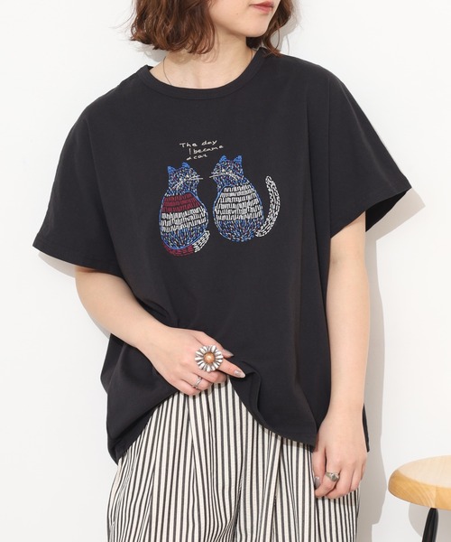 Emago(イマゴ)の「EMAGO 2匹のねこ刺繍T 半袖(Tシャツ/カットソー・レディース・ホワイト/オレンジ/ブラック・FREE)」の15枚目の写真