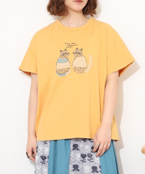 Emago(イマゴ)の「EMAGO 2匹のねこ刺繍T 半袖(Tシャツ/カットソー・レディース・ホワイト/オレンジ/ブラック・FREE)」の21枚目の写真