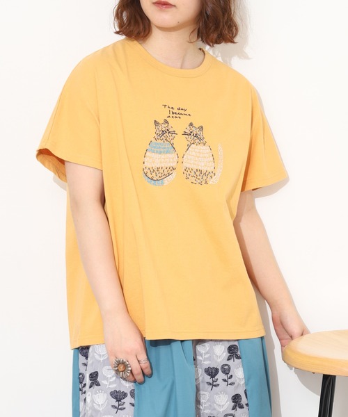 Emago(イマゴ)の「EMAGO 2匹のねこ刺繍T 半袖(Tシャツ/カットソー・レディース・ホワイト/オレンジ/ブラック・FREE)」の22枚目の写真