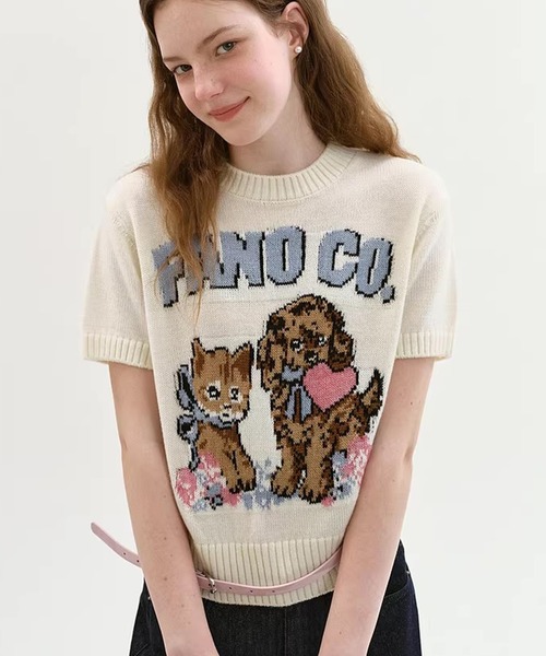 Fano Studios(ファノ ストゥディオズ)の「ジャガード柄 犬猫モチーフ 半袖ニット Tシャツ FX26S067【Fano Studios】【2026SS】(Tシャツ/カットソー・レディース・ホワイト・S/M/L)」の1枚目の写真