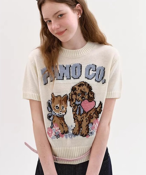 Fano Studios(ファノ ストゥディオズ)の「ジャガード柄 犬猫モチーフ 半袖ニット Tシャツ FX26S067【Fano Studios】【2026SS】(Tシャツ/カットソー・レディース・ホワイト・S/M/L)」の3枚目の写真