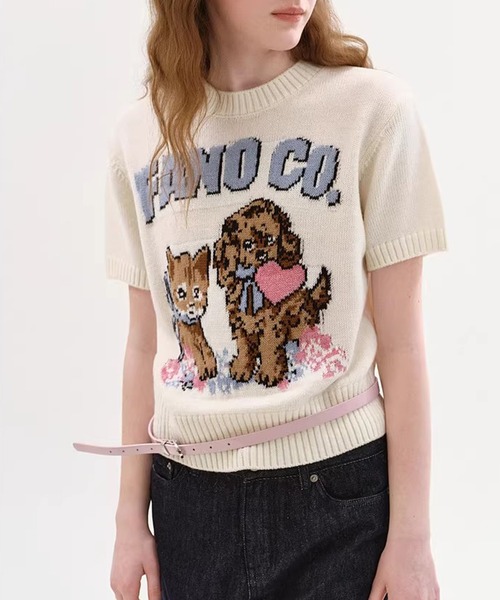 Fano Studios(ファノ ストゥディオズ)の「ジャガード柄 犬猫モチーフ 半袖ニット Tシャツ FX26S067【Fano Studios】【2026SS】(Tシャツ/カットソー・レディース・ホワイト・S/M/L)」の2枚目の写真