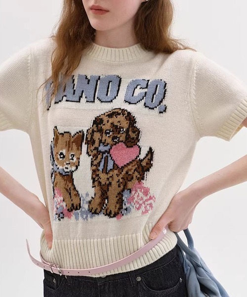 セール】ジャガード柄 犬猫モチーフ 半袖ニット Tシャツ FX26S067