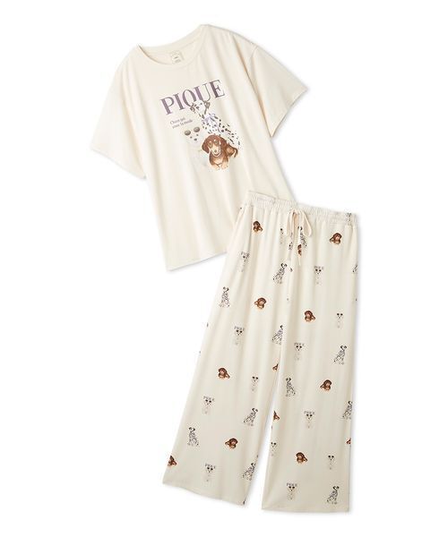 【新品】ジェラートピケ　シュナウザーワンポイントTシャツ&ロングパンツ　ホワイト ONLINE限定】ファッションCATS&DOGS ワンポイントTシャツ&ロングパンツ