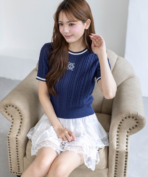 clear（クリア）の「配色ラインワンポイント刺繍ニットトップス［骨格ウェーブ／フェミニン／ガーリー／きれいめ／上品］（ニット/セーター・レディース・オフホワイト/ネイビー/ピンク/サックスブルー・F）」の14枚目の写真