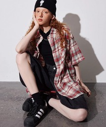 \カラー展開がカワイイ♪女子っぽアメカジストリート/ レトロチェック ルーズシルエット ハーフスリーブシャツ