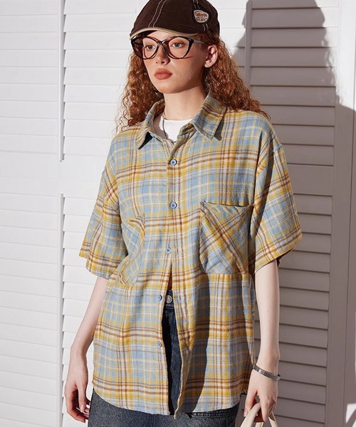 ADDITION STORE(アディションストア)の「\カラー展開がカワイイ♪女子っぽアメカジストリート/ レトロチェック ルーズシルエット ハーフスリーブシャツ(シャツ/ブラウス・レディース・ブルー/レッド/イエロー・MEDIUM/X-LARGE/LARGE)」の10枚目の写真
