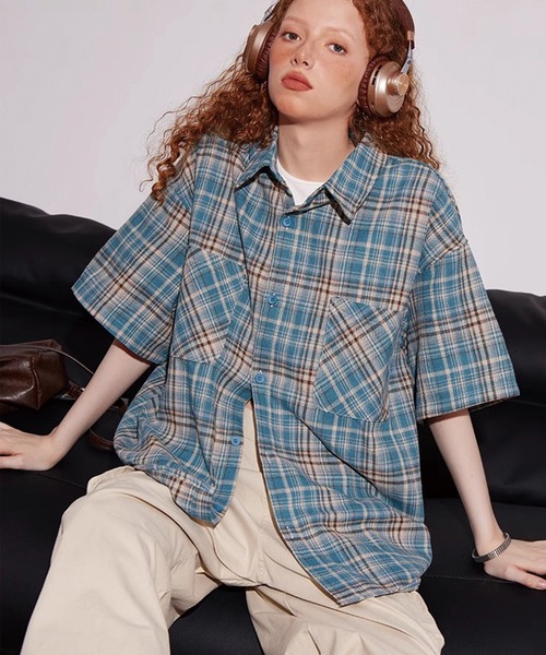 ADDITION STORE(アディションストア)の「\カラー展開がカワイイ♪女子っぽアメカジストリート/ レトロチェック ルーズシルエット ハーフスリーブシャツ(シャツ/ブラウス・レディース・ブルー/レッド/イエロー・MEDIUM/X-LARGE/LARGE)」の4枚目の写真
