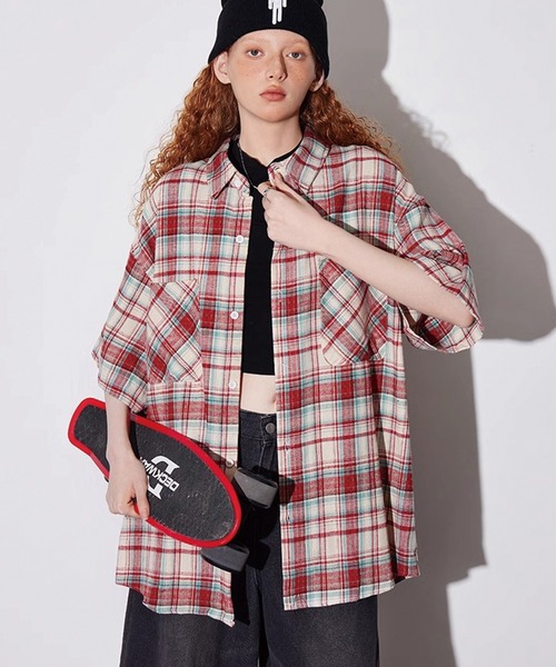ADDITION STORE(アディションストア)の「\カラー展開がカワイイ♪女子っぽアメカジストリート/ レトロチェック ルーズシルエット ハーフスリーブシャツ(シャツ/ブラウス・レディース・ブルー/レッド/イエロー・MEDIUM/X-LARGE/LARGE)」の15枚目の写真