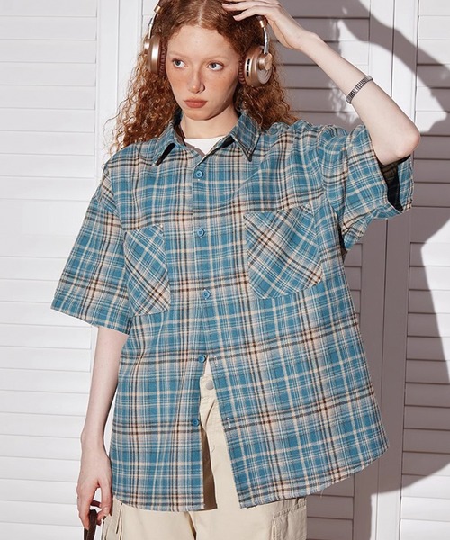 ADDITION STORE(アディションストア)の「\カラー展開がカワイイ♪女子っぽアメカジストリート/ レトロチェック ルーズシルエット ハーフスリーブシャツ(シャツ/ブラウス・レディース・ブルー/レッド/イエロー・MEDIUM/X-LARGE/LARGE)」の9枚目の写真
