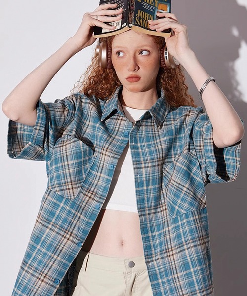 ADDITION STORE(アディションストア)の「\カラー展開がカワイイ♪女子っぽアメカジストリート/ レトロチェック ルーズシルエット ハーフスリーブシャツ(シャツ/ブラウス・レディース・ブルー/レッド/イエロー・MEDIUM/X-LARGE/LARGE)」の5枚目の写真