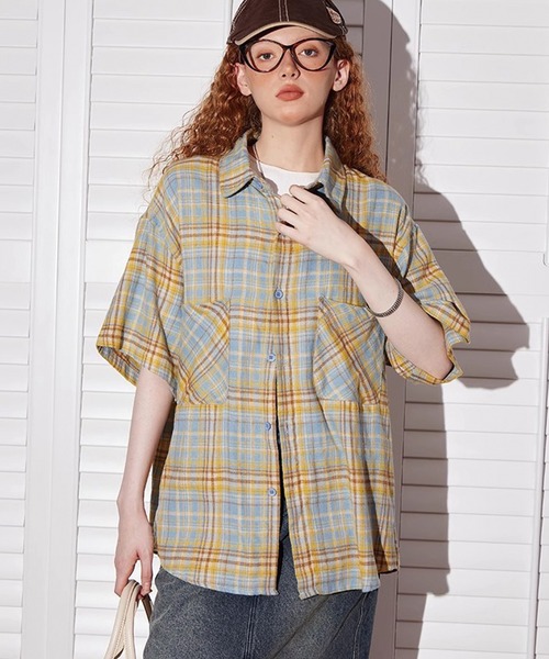 ADDITION STORE(アディションストア)の「\カラー展開がカワイイ♪女子っぽアメカジストリート/ レトロチェック ルーズシルエット ハーフスリーブシャツ(シャツ/ブラウス・レディース・ブルー/レッド/イエロー・MEDIUM/X-LARGE/LARGE)」の11枚目の写真