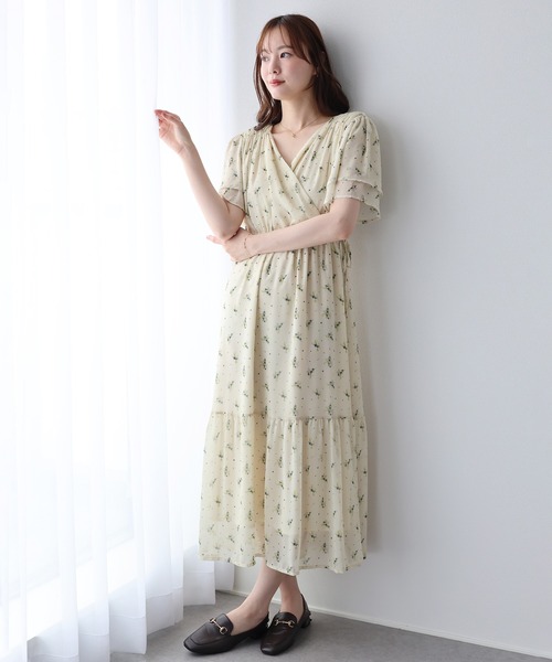BLUEEAST（ブルーイースト）の「《選べる着丈》シフォンプリントカシュクールワンピース（ワンピース・レディース・ブラウン/アイボリー・SHORT/LONG）」の4枚目の写真
