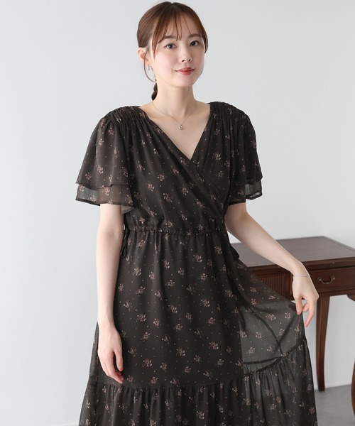 BLUEEAST（ブルーイースト）の「《選べる着丈》シフォンプリントカシュクールワンピース（ワンピース・レディース・ブラウン/アイボリー・SHORT/LONG）」の12枚目の写真