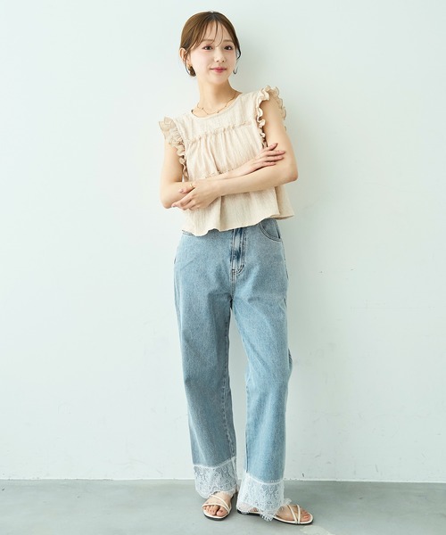 mil(ミル)の「裾レース ストレート デニムパンツ【588115】(デニムパンツ・レディース・チャコールグレー/サックスブルー・M-Regular/M-Short/S-Regular/S-Short)」の5枚目の写真