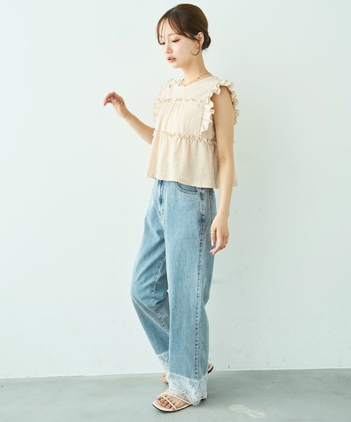 mil(ミル)の「裾レース ストレート デニムパンツ【588115】(デニムパンツ・レディース・チャコールグレー/サックスブルー・M-Regular/M-Short/S-Regular/S-Short)」の6枚目の写真