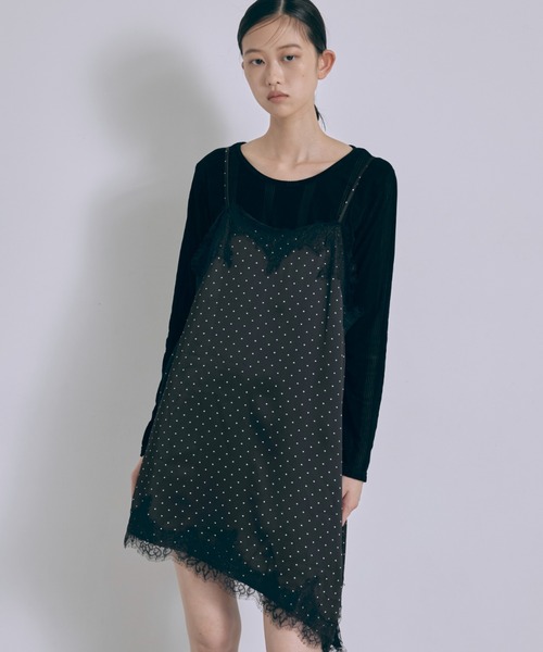 EN NEUME(エンノイム)の「Polka Dot Satin Lace Cami Dress(ワンピース・レディース・ベージュ/ブラック/アイボリー/ブラウン・FREE)」の1枚目の写真