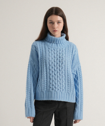 Wool Cable Turtleneck Sweater (Skyblue)