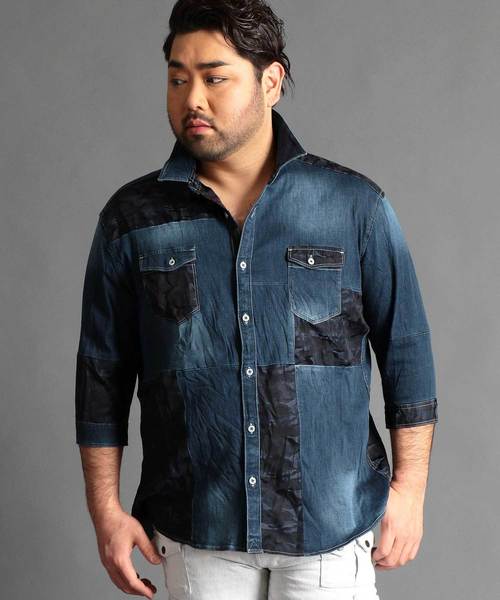 大きいサイズ パッチワークデニム7分袖シャツ シャツ ブラウス Hideaways 大きいサイズ ハイダウェイ オオキイサイズ のファッション シャツ ブラウス セール