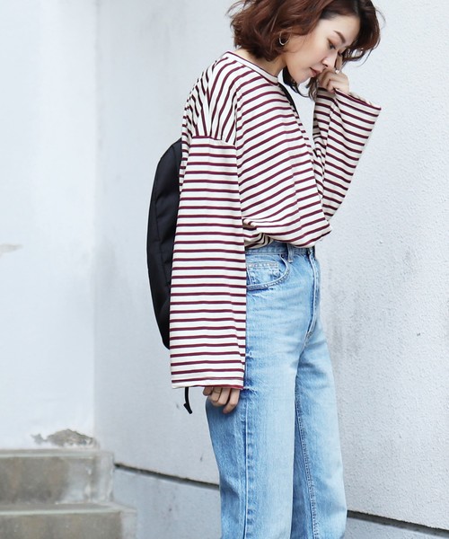 reca（レカ）の「ボリューム袖ボーダーカットソー（Tシャツ/カットソー・レディース・ブラック/ネイビー/グリーン/ボルドー/モカ/イエロー/ピンク/ダークベージュ/ライトグレー/カーキ・FREE）」の19枚目の写真