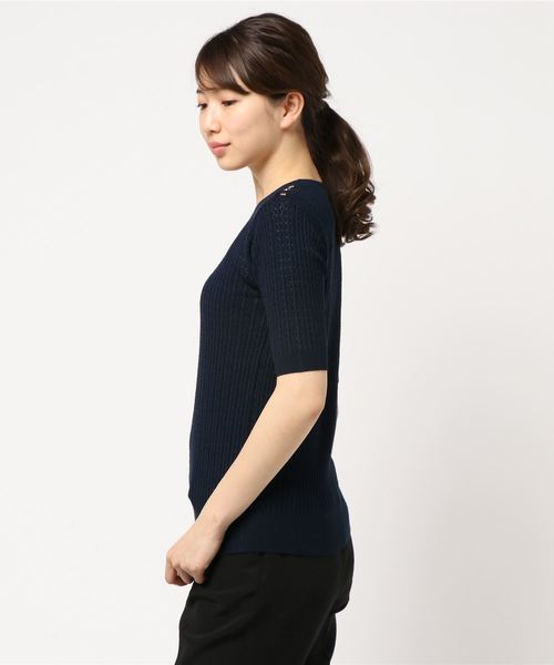 N.（N. Natural Beauty Basic）（エヌエヌナチュラルビューティーベーシック）の「レースケーブルニット五分袖（ニット/セーター・レディース・ホワイト/ネイビー/レッド・MEDIUM）」の4枚目の写真