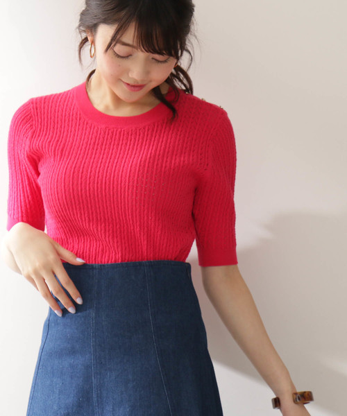 N.（N. Natural Beauty Basic）（エヌエヌナチュラルビューティーベーシック）の「レースケーブルニット五分袖（ニット/セーター・レディース・ホワイト/ネイビー/レッド・MEDIUM）」の3枚目の写真