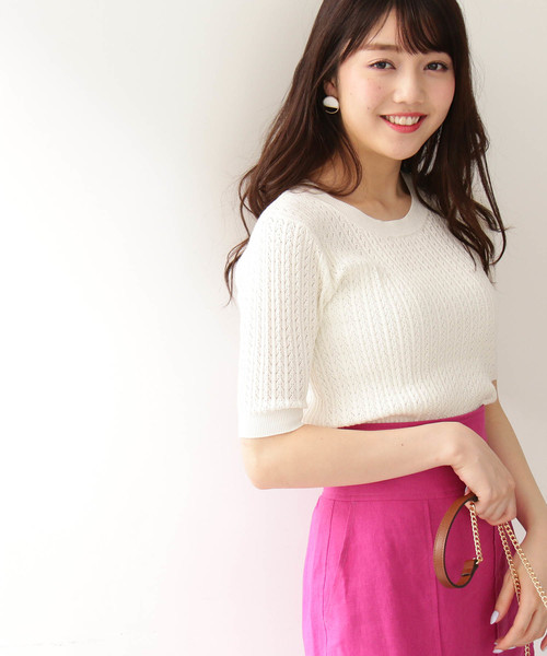 N.（N. Natural Beauty Basic）（エヌエヌナチュラルビューティーベーシック）の「レースケーブルニット五分袖（ニット/セーター・レディース・ホワイト/ネイビー/レッド・MEDIUM）」の2枚目の写真