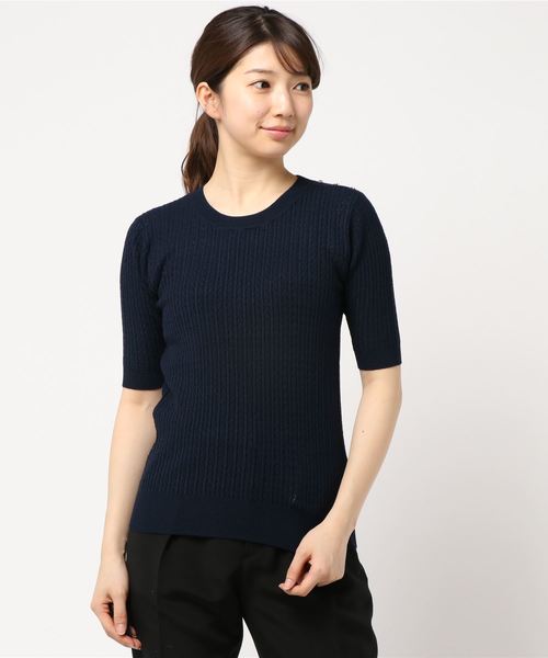 N.（N. Natural Beauty Basic）（エヌエヌナチュラルビューティーベーシック）の「レースケーブルニット五分袖（ニット/セーター・レディース・ホワイト/ネイビー/レッド・MEDIUM）」の11枚目の写真