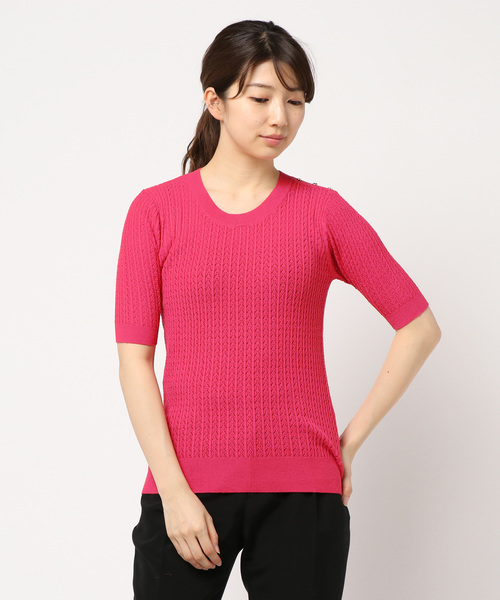 N.（N. Natural Beauty Basic）（エヌエヌナチュラルビューティーベーシック）の「レースケーブルニット五分袖（ニット/セーター・レディース・ホワイト/ネイビー/レッド・MEDIUM）」の8枚目の写真