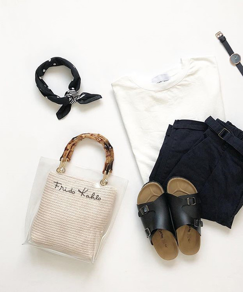 shopnikoniko（ショップニコニコ）の「バンブークリアバッグビニールバッグ（ハンドバッグ・レディース・ブラック/アイボリー・フリー）」の9枚目の写真