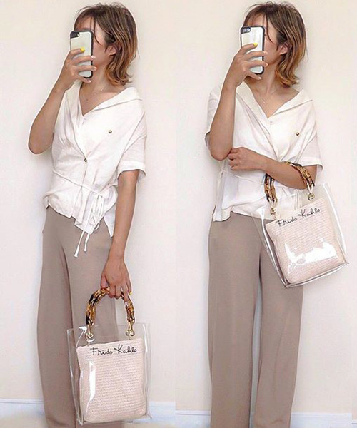 shopnikoniko（ショップニコニコ）の「バンブークリアバッグビニールバッグ（ハンドバッグ・レディース・ブラック/アイボリー・フリー）」の19枚目の写真