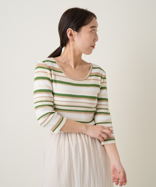 Kastane(カスタネ)の「マルチボーダー7分袖チビニット(ニット/セーター・レディース・サックスブルー/イエロー/アイボリー・FREE)」の11枚目の写真