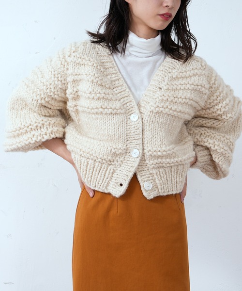CIAOPANIC（チャオパニック）の「ハンドニットカーディガン（カーディガン/ボレロ・レディース・オフホワイト/モスグリーン/モカ・FREE）」の6枚目の写真