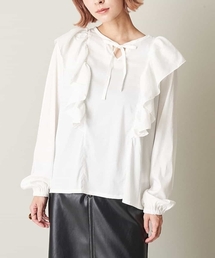襟リボンフリルブラウス