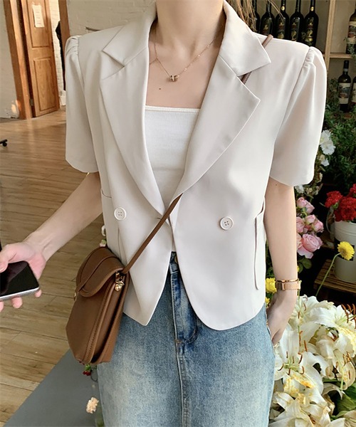 LOPASS（ロパス）の「半袖ジャケット（テーラードジャケット・レディース・ブラック/ピンク/グリーン/アイボリー・M）」の2枚目の写真