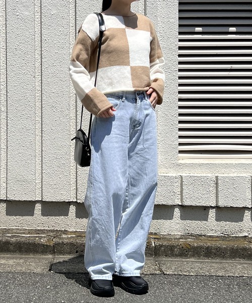 Jewelobe(ジュエローブ)の「ワイドチェッカーショートニットプルオーバー(ニット/セーター・レディース・ブラック/ベージュ/グリーン・FREE)」の12枚目の写真