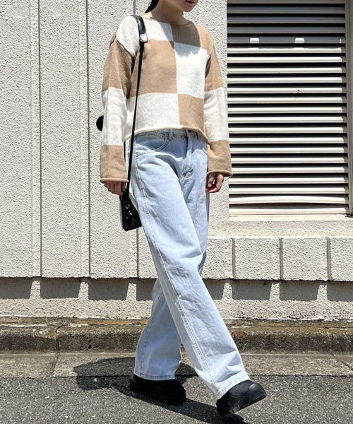 Jewelobe(ジュエローブ)の「ワイドチェッカーショートニットプルオーバー(ニット/セーター・レディース・ブラック/ベージュ/グリーン・FREE)」の13枚目の写真