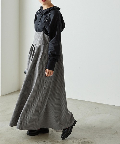 チェック柄キャミワンピース（グレー） 2Wayチェック柄シャーリングキャミワンピース[dk1412